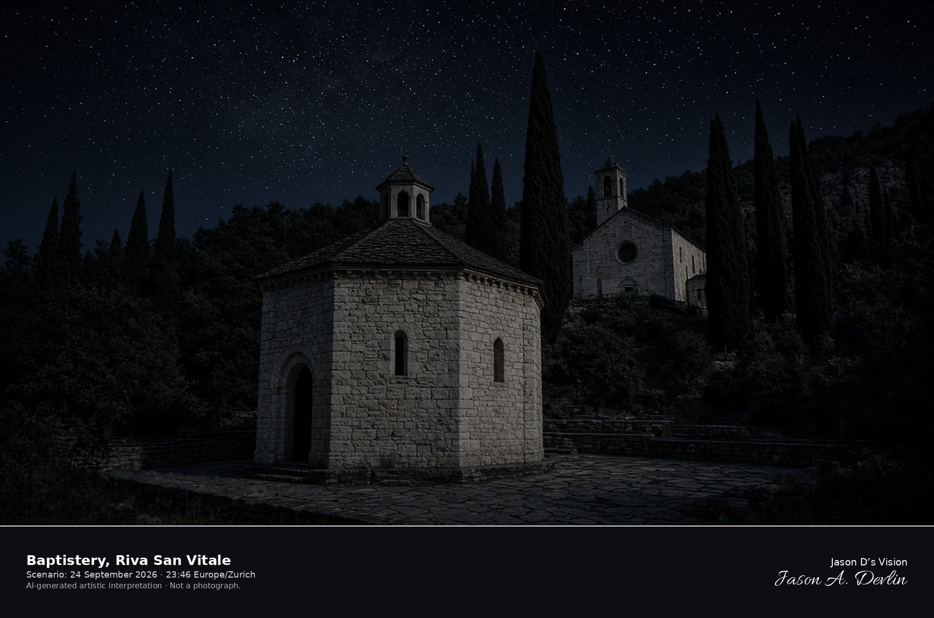 AI-generated artistic interpretation of the Riva San Vitale baptistery at night